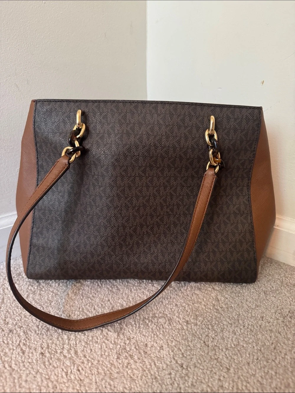 Michael Kors Brown & Tan MK Signature Tote with Gold Hardware
